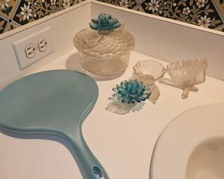 Vintage Hand Blown Frosted Glass Bowl/Cover  & Dish w/Blue Flower!
