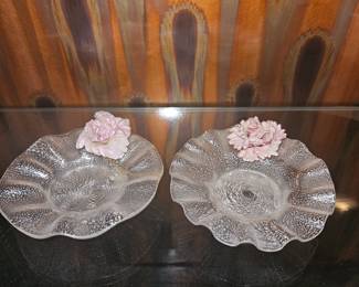 Vintage Frosted Candy Dishes w/Pink Flowers!