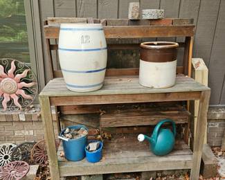 Wood Garden Center, 12 Gal Blue Stripe Crock
W/Corked Hole, 6 Gal Brown Cream Crock!
