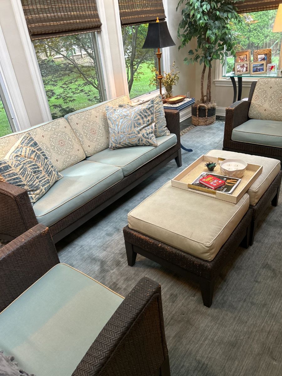 Wicker Sofa 75" W x 30" D x 30" H $400 Ottoman (2) 24" square x 18" H $75 each Pair of Chairs 28" W x 30" D x 29" H $300