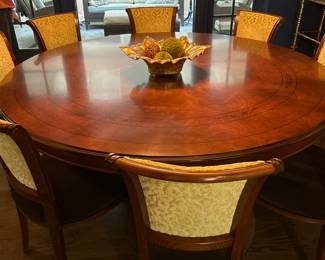 Italian Inlaid Pedestal Table 77" dia x 30" H $3500, Set of 10 dining chairs $1100