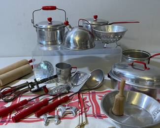 Children's Kitchen Cookware Set Aluminum and Wood excellent vintage condition