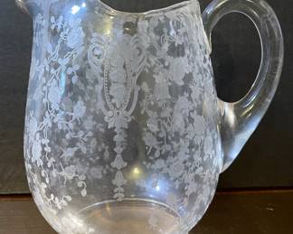 Many pieces of Cambridge Etched glass Rose Point Pattern glassware