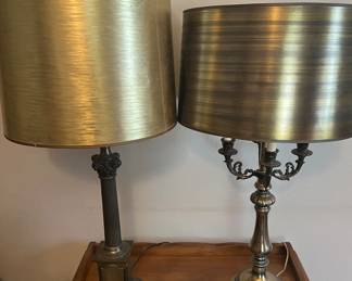 Midcentury Brass lamps with Metallic shades both work shade on the left has tiny pinholes for light