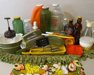 Fun Mod Lot Avocado GE working mixer, Avocado Green Corning ware bowls, true vintage oilcloth floral print with butterflies, vintage orange juice bottles and Mrs. Butterworth Mod Kitchen Lot