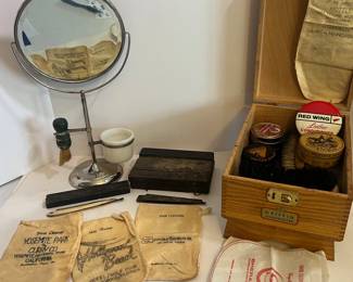 Vintage Shaving stand and razors and complimentary shoe shine bags from hotels