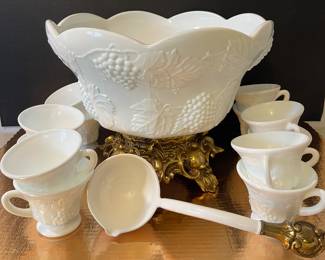 Milkglass Punch Bowl and Cups with Gold Metal Base with original box