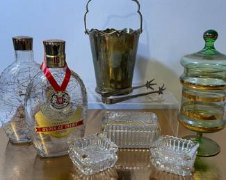 Glass and Brass Barware and vintage glass bottles