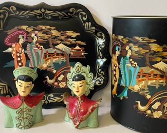 Kitschy Painted Metal tray and wastecan