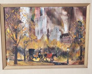 Lot # : 577 - Hand painted oil on canvas horse & carriage
