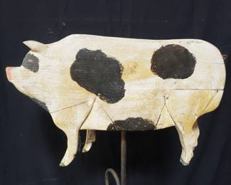 Lot # : 74 - Vintage handpainted wood pig on metal heart stand
