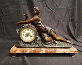 Lot # : 393 - Signed bronze figural mantel clock with marble
