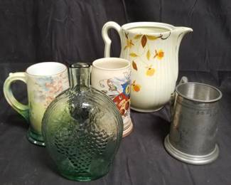 Lot # : 334 - Group of mugs, ceramic pitcher, glass decanter
