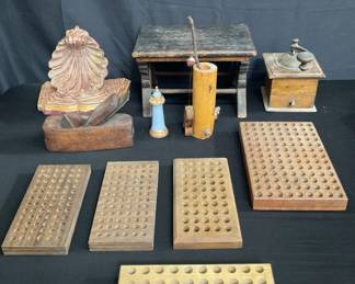 Lot # : 449 - Group of wood pieces, sconce, coffee grinder etc
