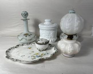 Lot # : 398 - Group of vintage hand painted milk glass in box
