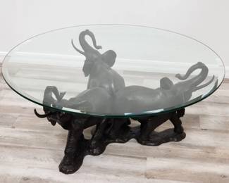 Lot # : 155 - Bronze elephant base glass top coffee table

