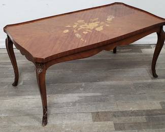 Lot # : 23 - Vintage floral inlaid, carved wood coffee table

