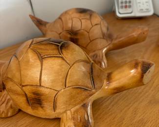 Two Wood Carved Turtle Figurines