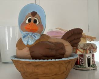 Hand Painted Ceramic Hen on Nest Sculpture