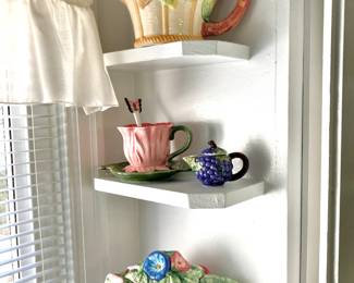 Apple Themed Ceramic Teapot, Garden Collection Corner Ruby Pink Flower Tea Cup Leaf Saucer with Butterfly Spoon, Miniature Ceramic Grape Themed Teapot, Ceramic Floral Majolica Teapot