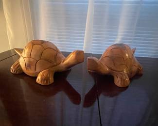 Two Wood Carved Turtle Figurines