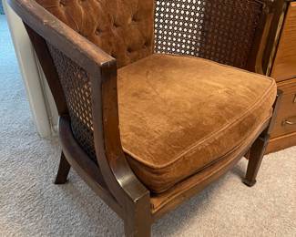 Cane Back Barrel Chair with Tufted Brown Upholstery