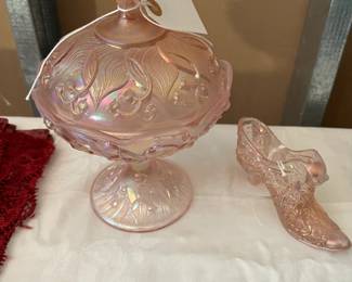 Fenton Pink Opalescent Covered Candy Dish,
Fenton Pink Opalescent Slipper,