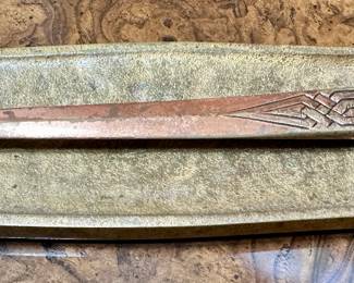 Rare set of Tiffany Studios Bronze Zodiac Letter Opener and Brass Pen Tray.  