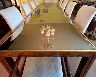 Henredon Table with Mirrored Top and 10 Chairs include 2 Leaves and MCM Design