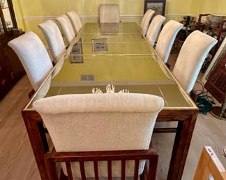 Henredon Table with Mirrored Top and 10 Chairs include 2 Leaves and MCM Design