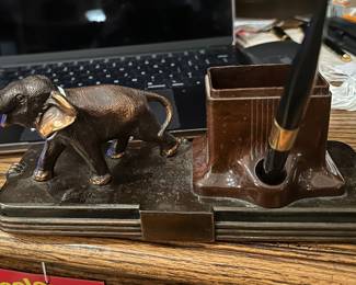 Metal and Bakelite Desk Tray featuring an elephant, Inkwell and Pen.