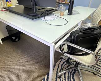 White desk with return & glass top