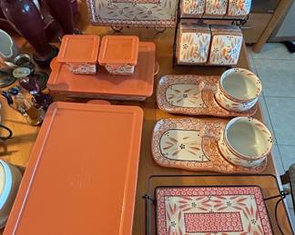 Just in time for Autumn gatherings! Temptations Orange and White Serving Set with Casserole Pans,  Serving Platter Soup Plates, and Spice Rack. 