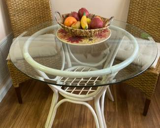 Glass top table and pair rattan chairs