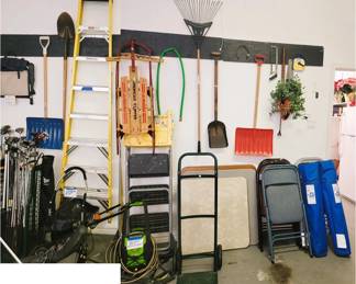 Garage: Home Care products, dolly, card table and chairs, lawn and garden tools, folding camp chairs