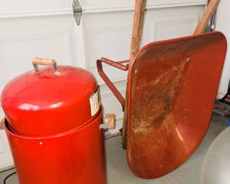 Smoker and Wheelbarrow