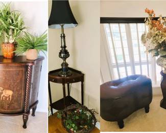 Painted console table, corner table. Leather bench and home decor
