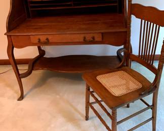 Antique Oak Roll Top Desk and Pressed Back Oak Chair