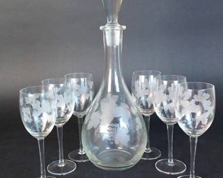 Vintage Etched Glass Decanter And Stemware 