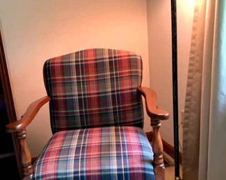 Vintage OpenArmed Plaid Upholstered Chair And Floor Lamp