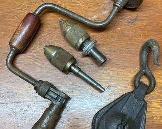 Antique Iron Hoist Winch Pulley And Wood Metal Brace Hand Drill