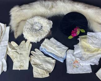 Fur Collar, Dreas Gloves, Hankies, And Pill Box Hats