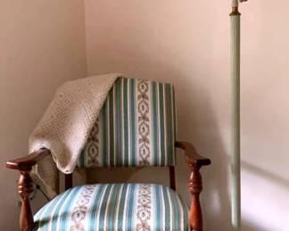 OpenArmed Carved Wood Upholstered Chair and Floor Lamp