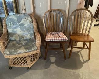 Lot 232 | Wicker Chair With Wheels & 2 Kitchen Chairs

