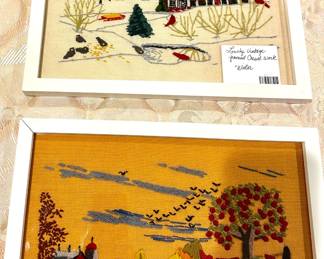 Lovely vintage framed Crewel work. Winter and Autumn, framed. 