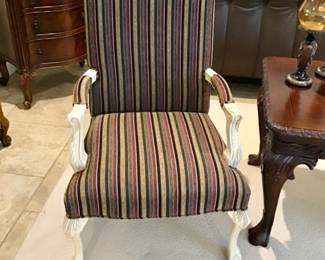 Queen and style chair upholstered in a rich, sophisticated corded velvet. A very elegant look. There are two of these chairs.