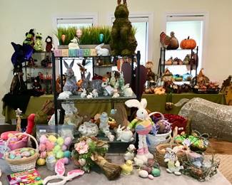 Pretty, pretty Easter decor! Ceramic and pottery bunnies, chicks. Wooden, paper Mâché, and beaded eggs,