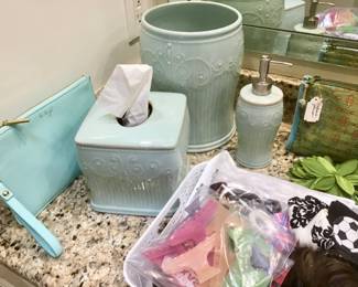 Lennox aqua Ceramic vanity set. Ceramic waste can, tissue box, and hand soap dispenser.