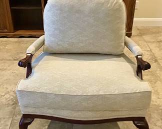 Classic Berger chair, beautifully upholstered in luxury designer fabric. Chippendale style. Mahogany frame with lattice back. 