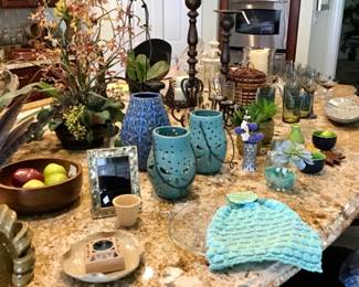 Ceramics, wooden bowls, and other kitchen decor